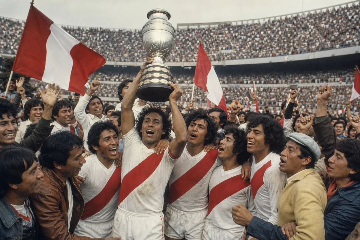 Fictional Peru players celebrating the 1975 Copa América title after a tense final playoff