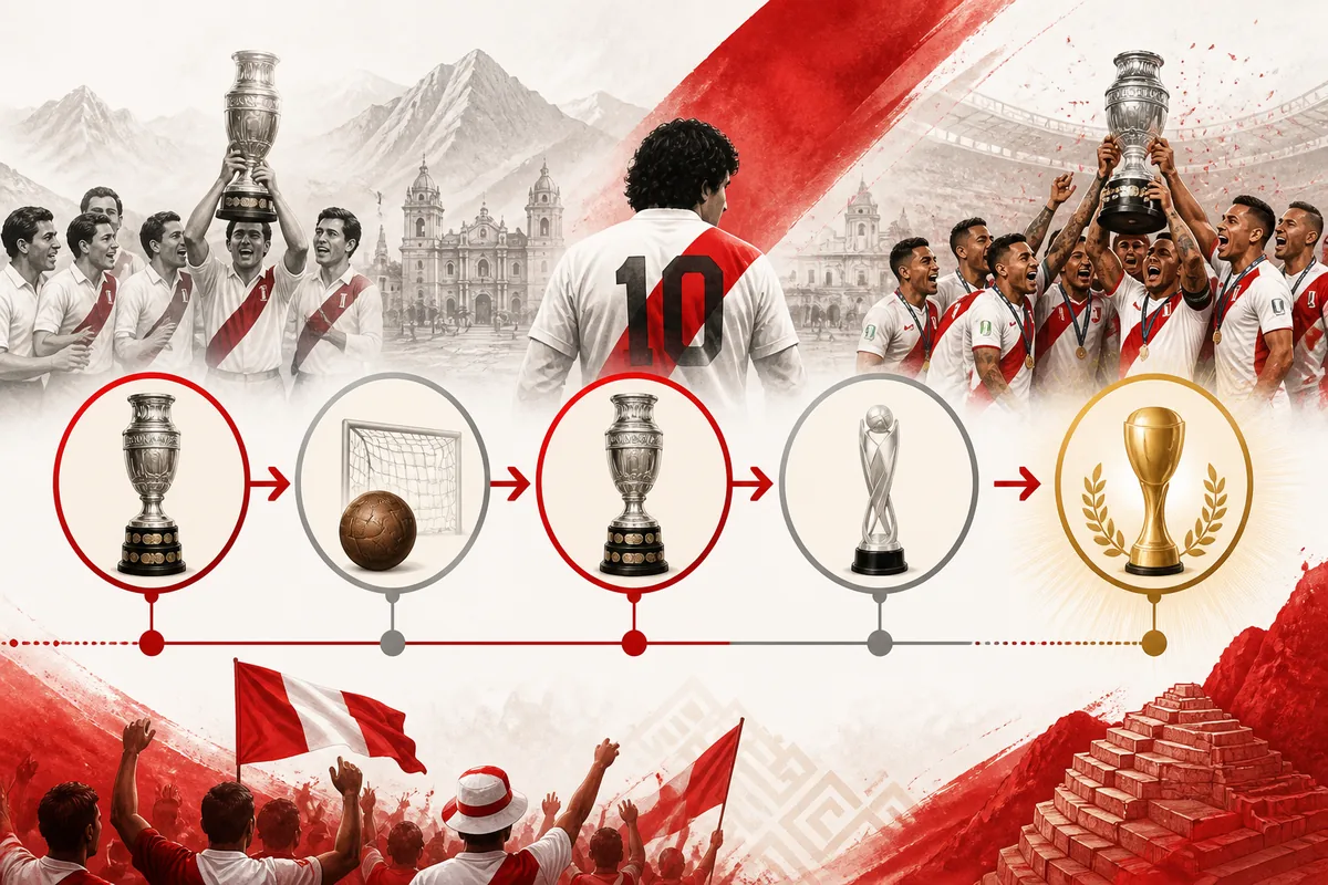 Text-free editorial timeline illustration of Peru's 1939 and 1975 Copa América titles, 1970 World Cup quarter-final, 2019 final and third-title target