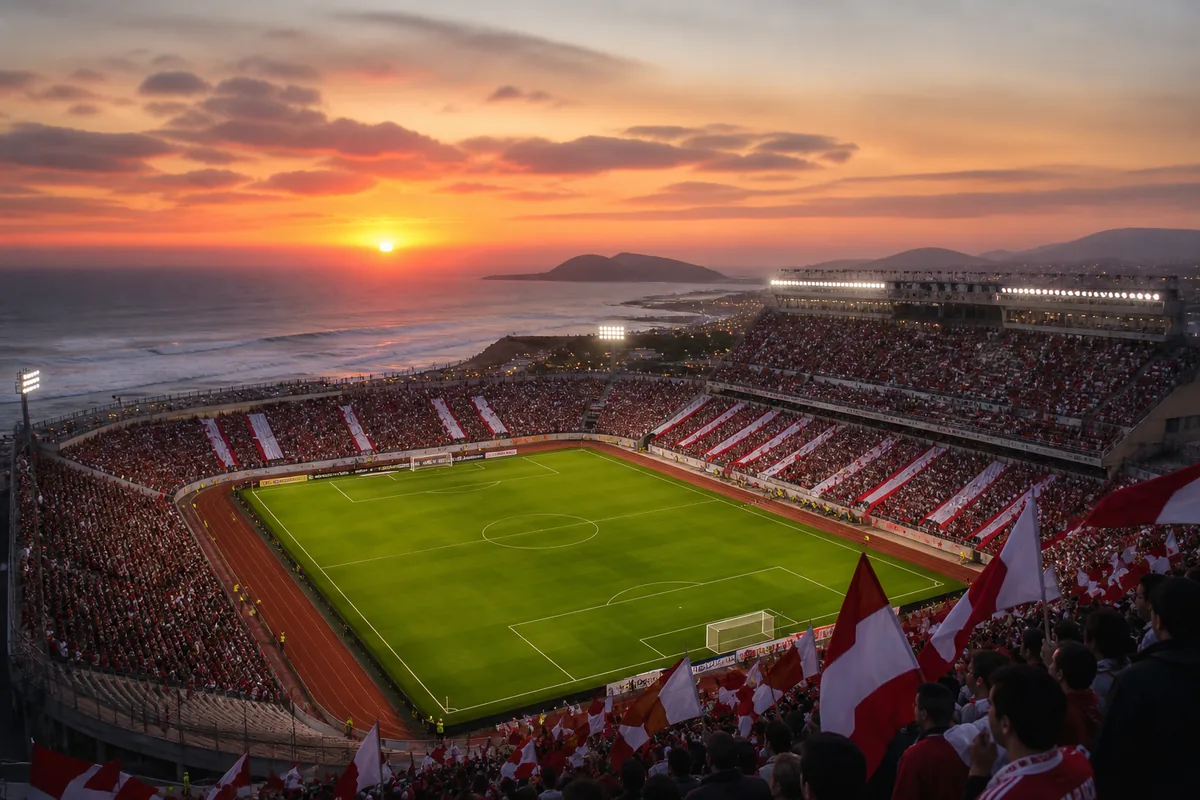 An iconic Lima football stadium-inspired ground at sunset with red-and-white flags and a Pacific coastal sky