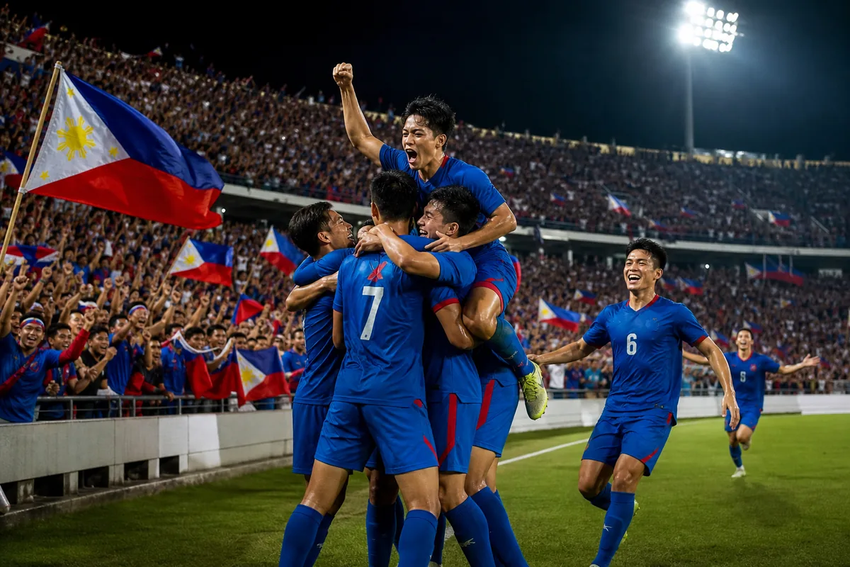 Fictional Philippines players celebrating their historic 2019 Asian Cup qualification and debut
