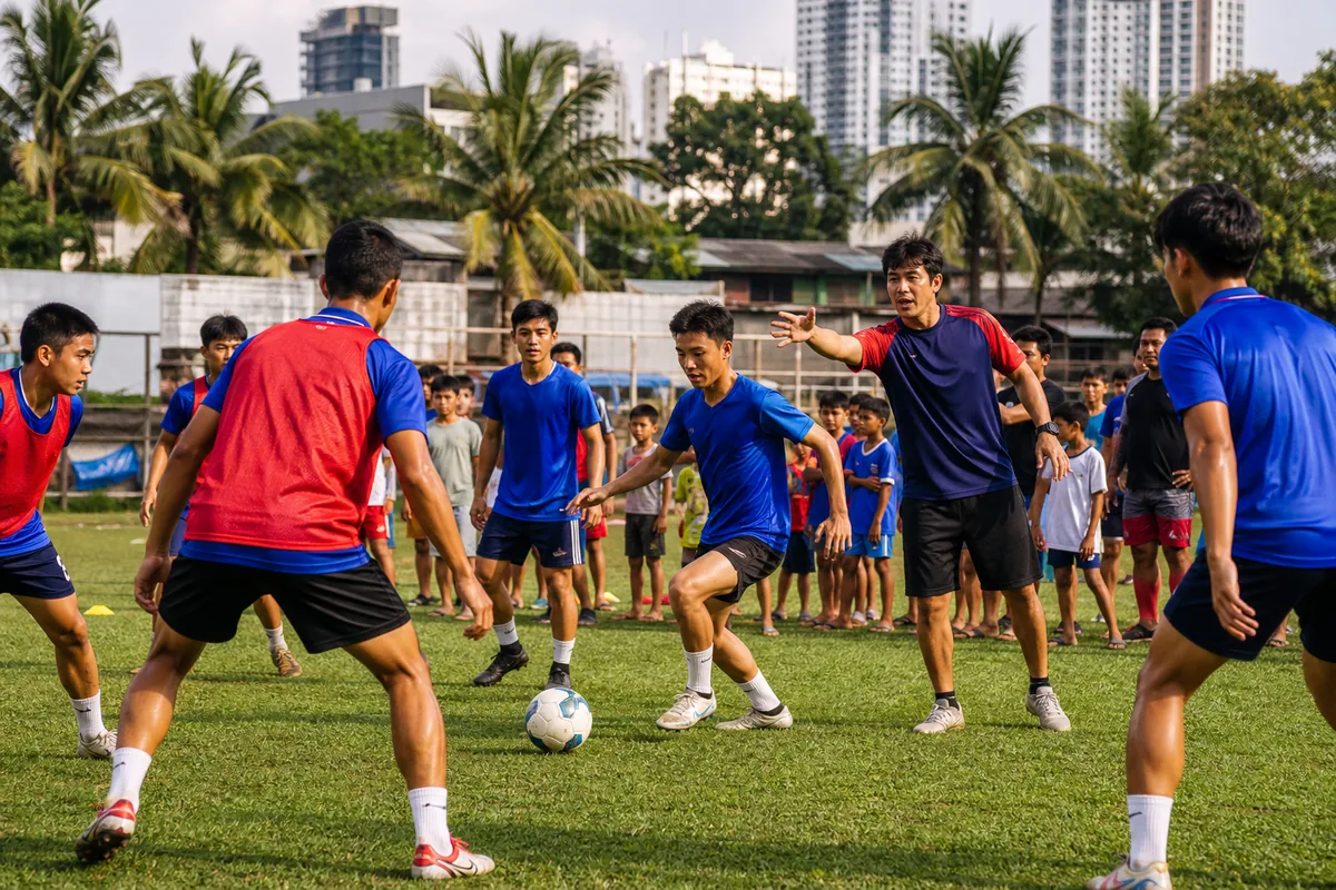 Fictional Philippines youth and senior footballers training together on a lively tropical urban pitch