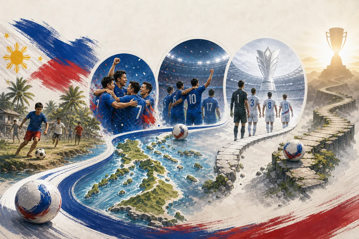 Text-free editorial timeline illustration of the Philippines' regional revival, 2019 Asian Cup debut and next-title target