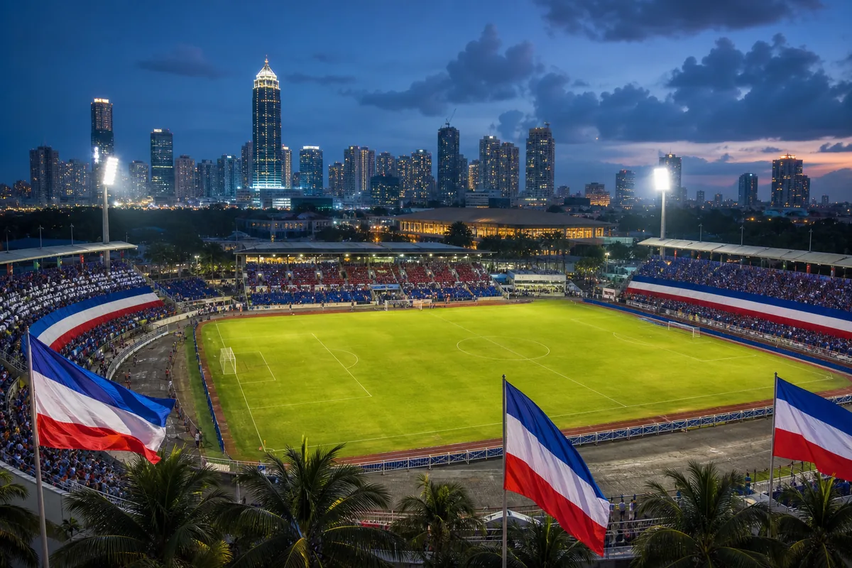 A Manila football stadium-inspired ground prepared for an Asian Cup match with tropical city surroundings