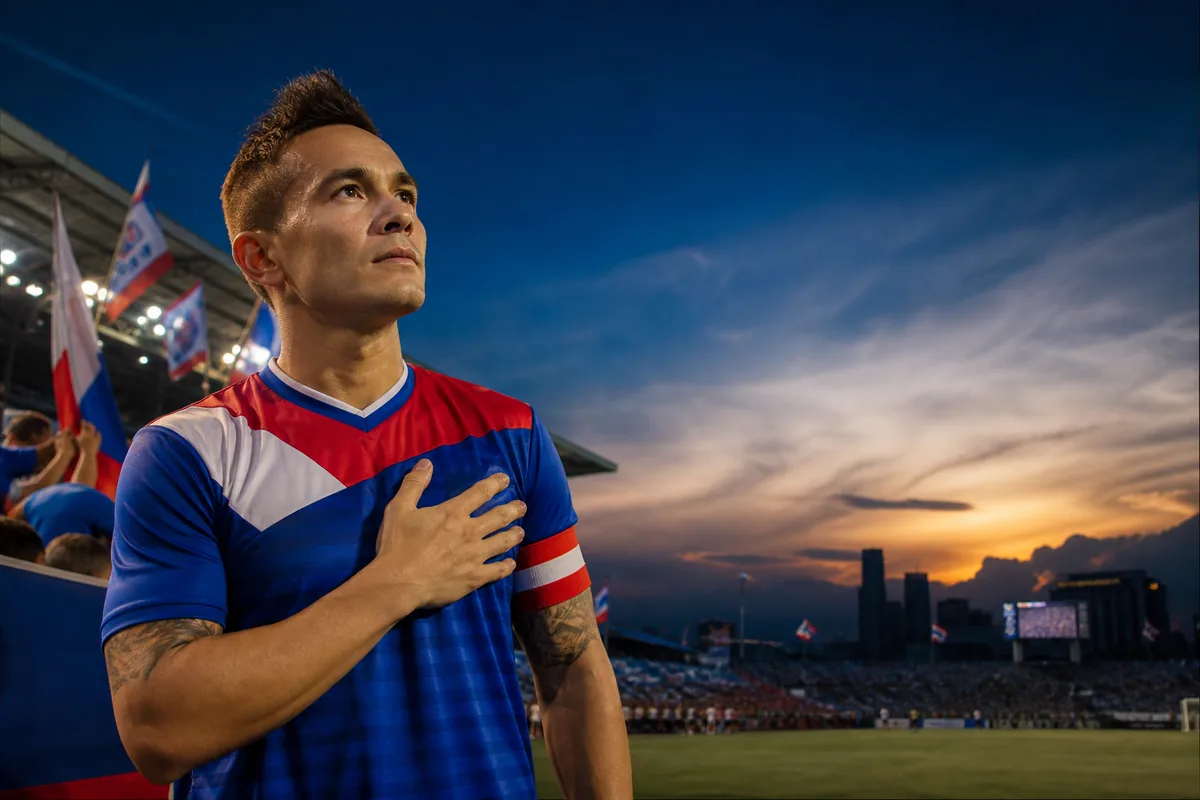 A fictional Philippines national-team midfielder inspired by Stephan Schrock standing before a Manila stadium with blue, red and white flags