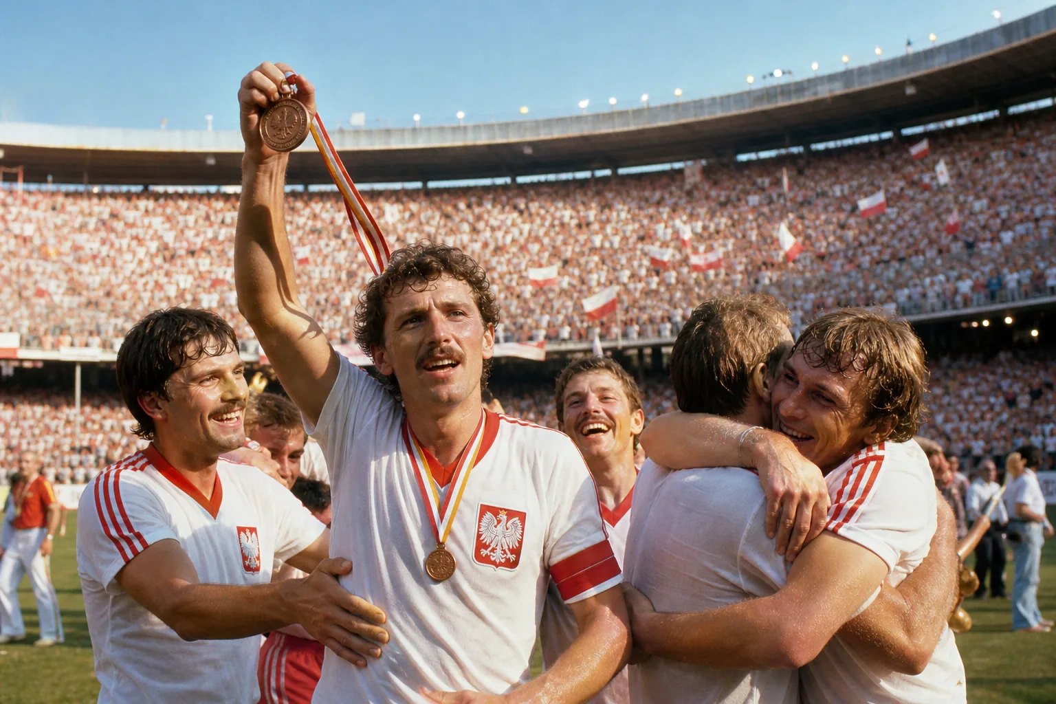 Fictional Polish players celebrating a hard-fought 1982 World Cup bronze medal
