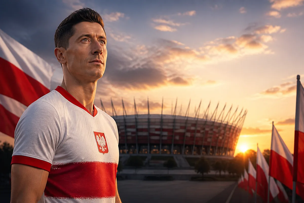 A fictional Polish national-team star striker rising for a powerful header