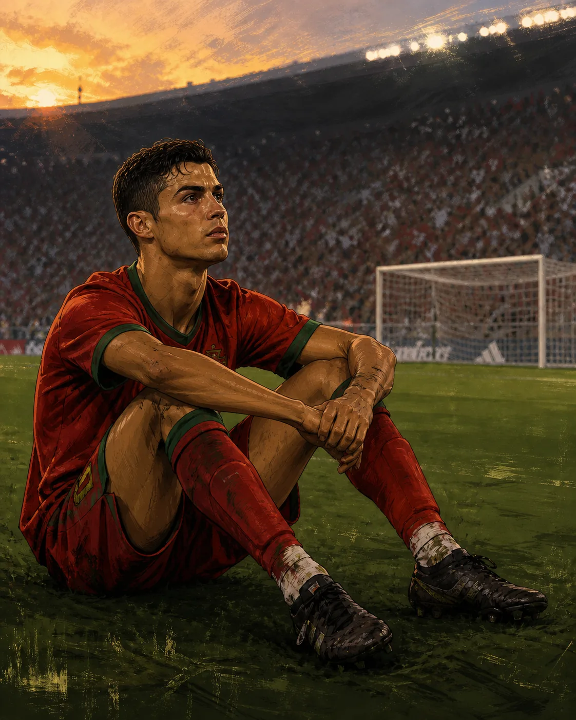 A young fictional Portuguese footballer with Cristiano Ronaldo-inspired features sitting on the Lisbon pitch after a final defeat