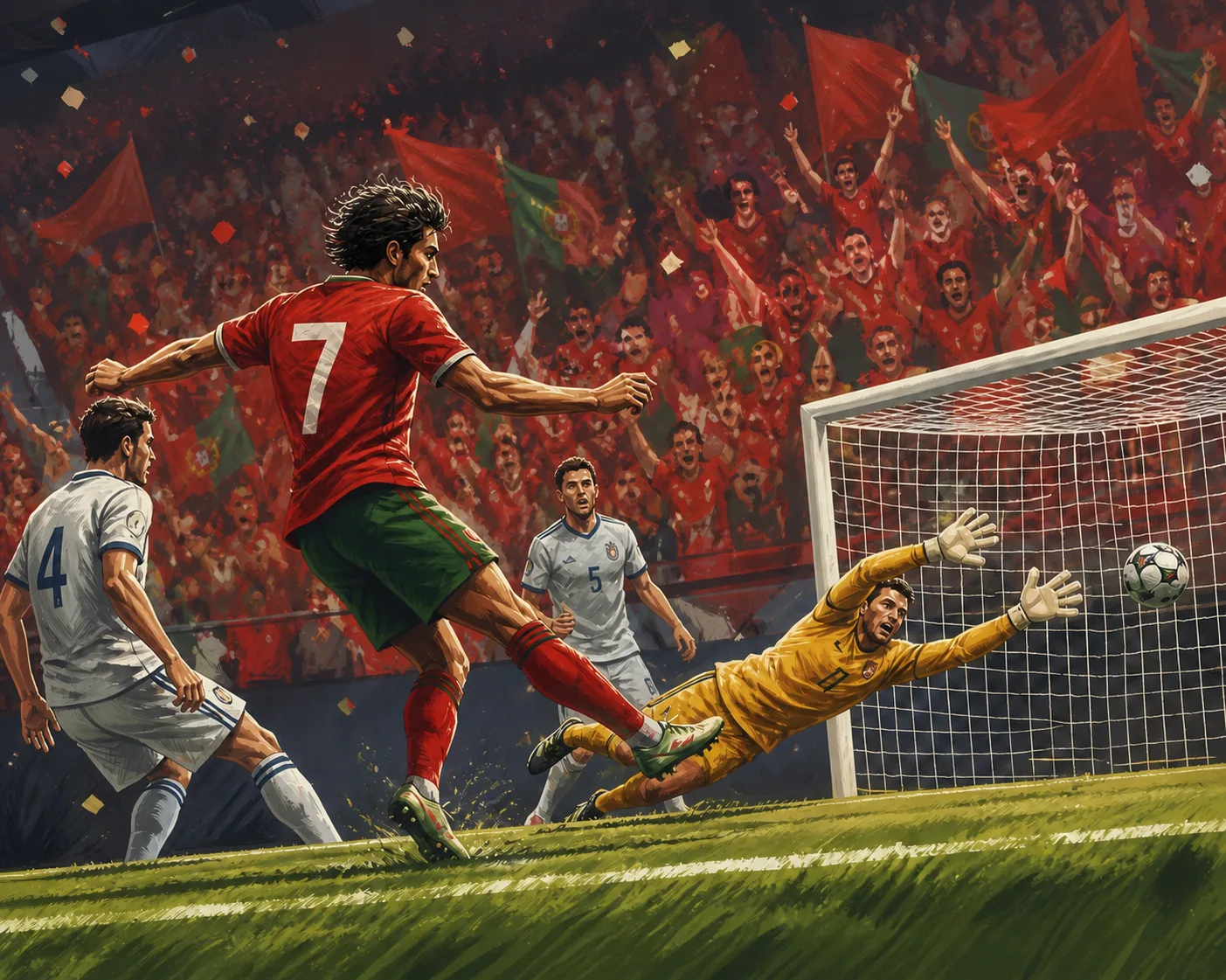 A fictional Portuguese number 7 scoring a decisive extra-time goal in a European Championship final