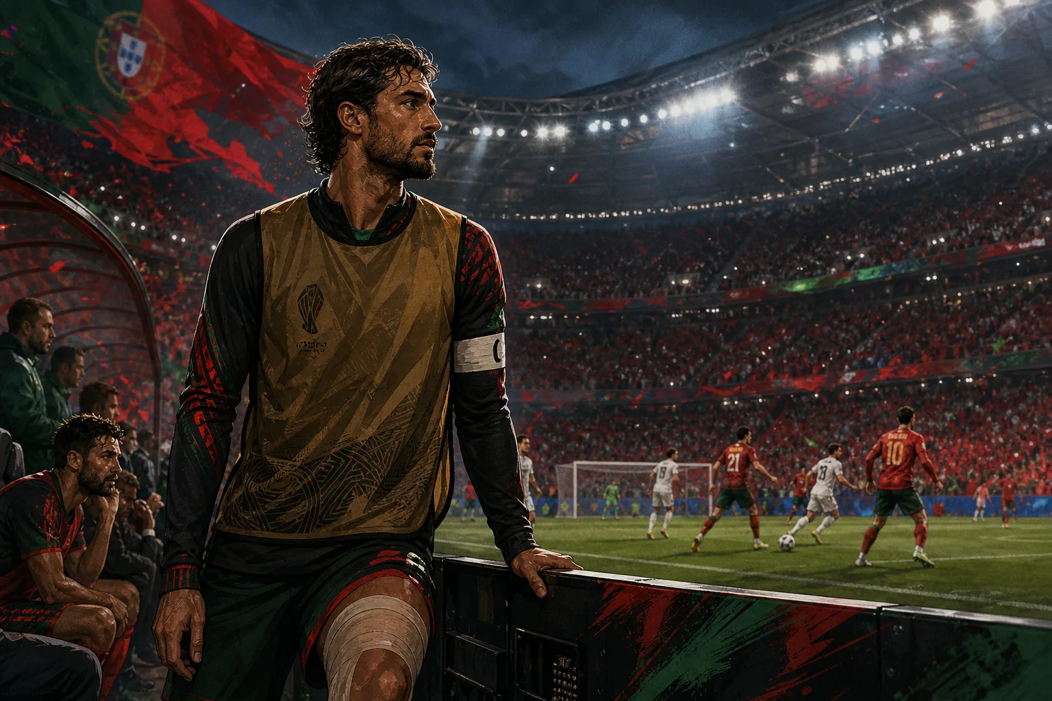 A fictional Portuguese captain with Cristiano Ronaldo-inspired features leading from the touchline during a European Championship final