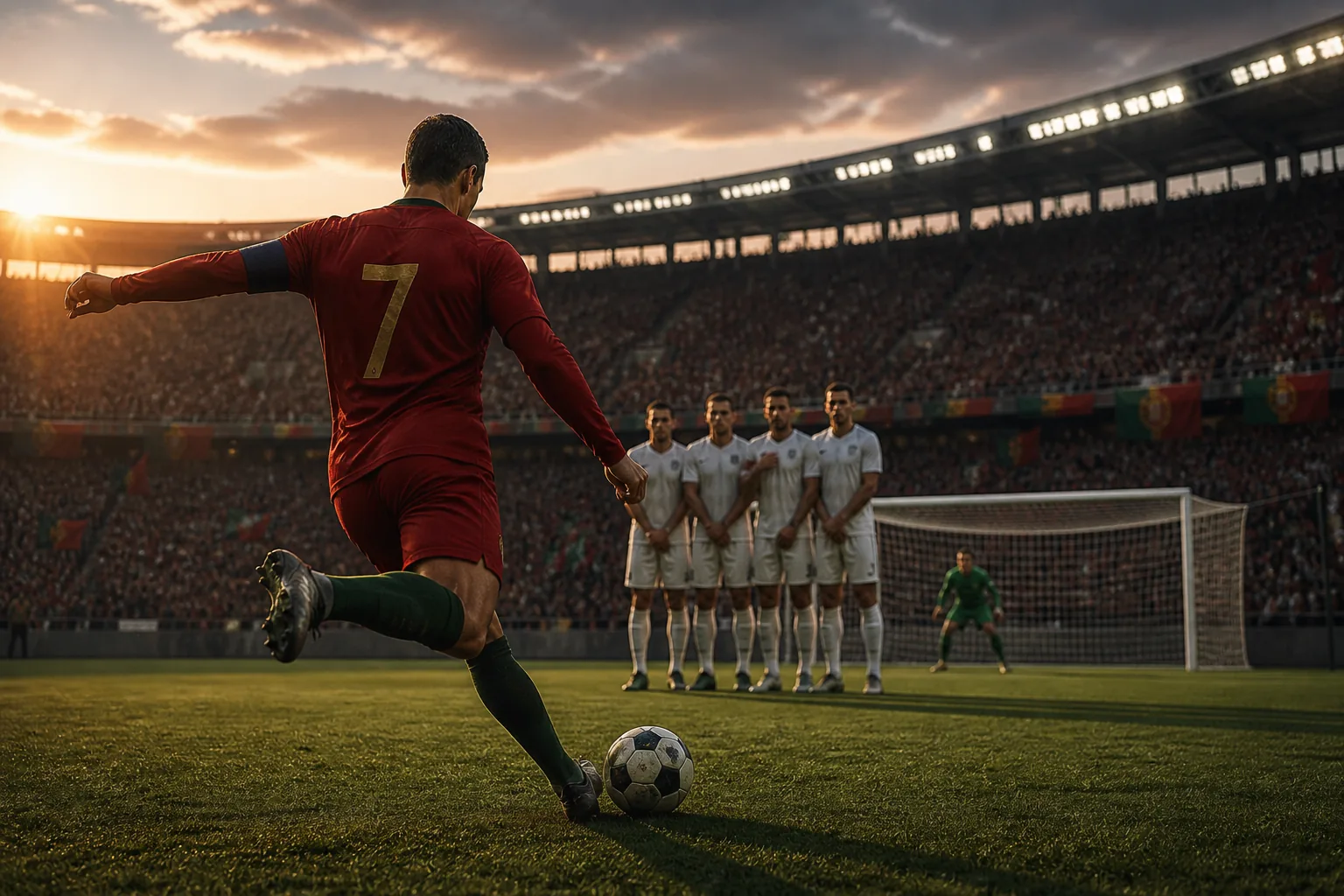 A fictional Portuguese number 7 taking a free kick over a defensive wall toward a guarded goal