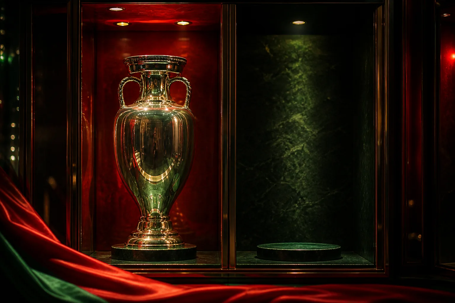 A European Championship trophy beside an empty space reserved for a missing World Cup trophy