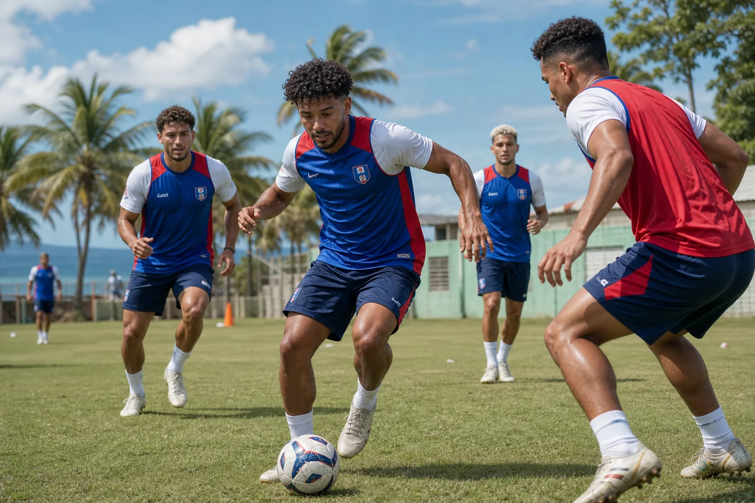 Puerto Rico Boricuas preparing for a CONCACAF Nations League match in blue-and-red kits