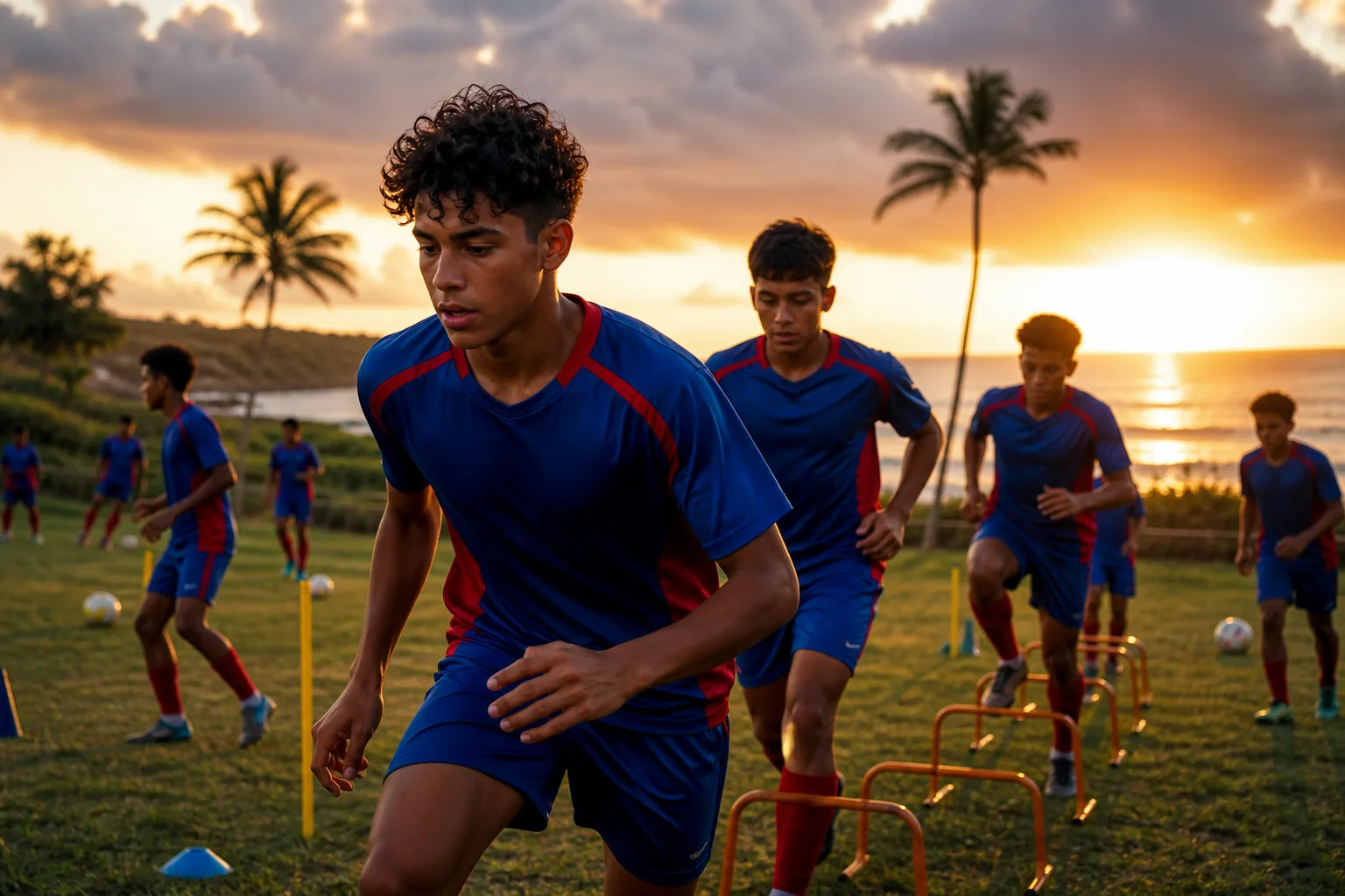 A fictional editorial portrait inspired by Puerto Rico striker Héctor Ramos in a blue-and-red Boricuas kit