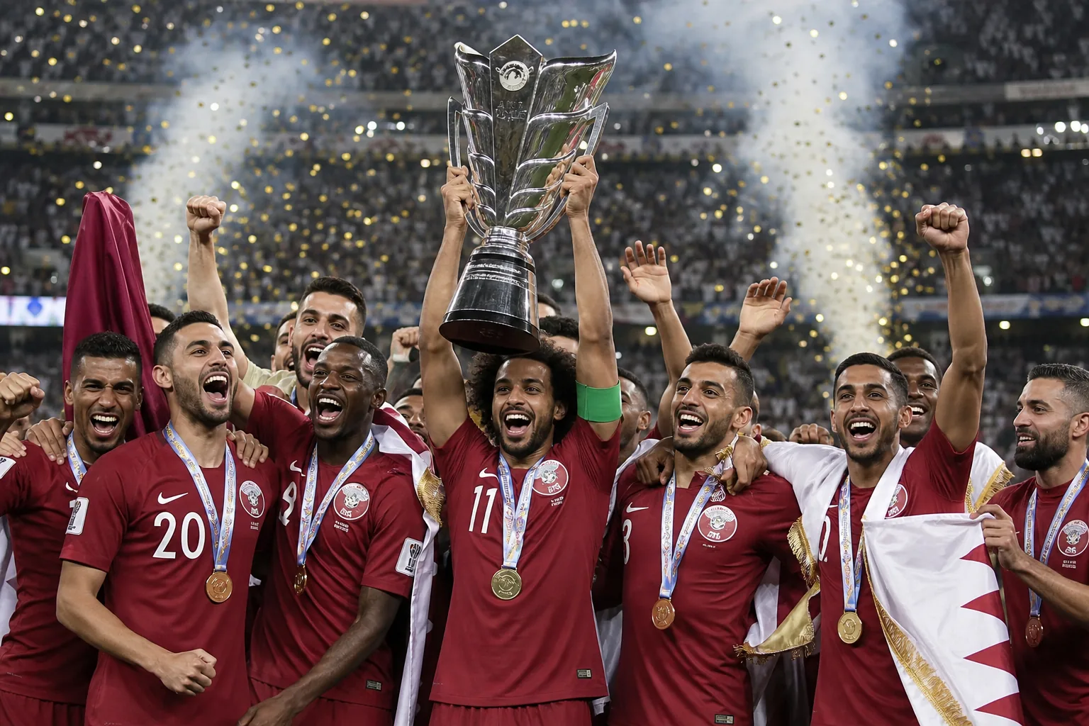 Qatar winning the 2019 AFC Asian Cup final against Japan before a packed stadium