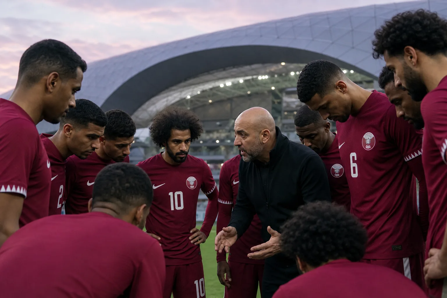 Conceptual team talk with Qatar-colour players