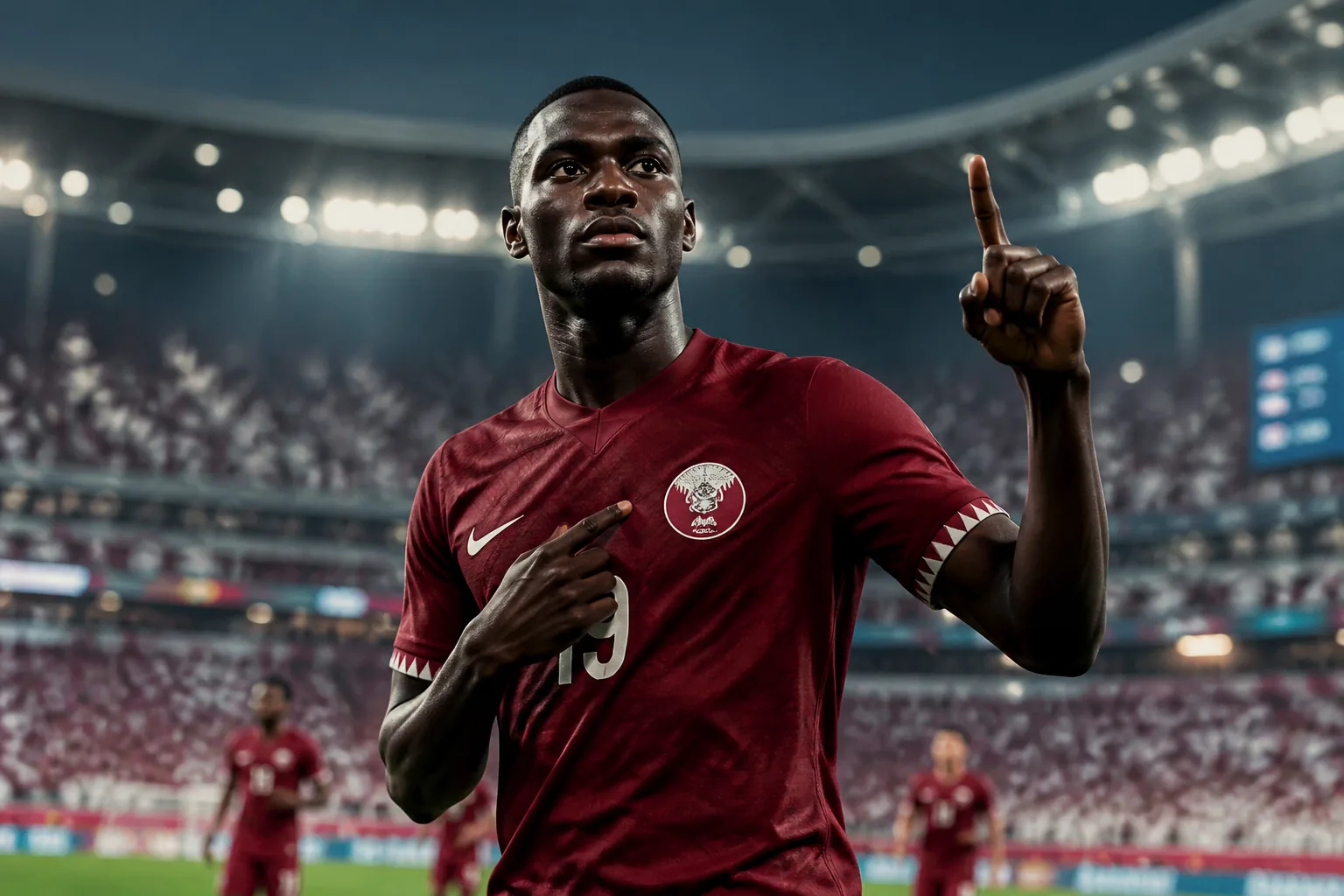 Qatar defending the Asian Cup title in 2023, maroon players celebrating before home supporters