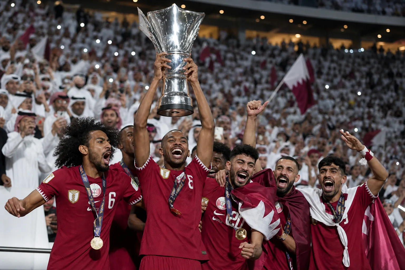A fictional editorial portrait inspired by Qatar forward Almoez Ali in a maroon national-team kit on a Doha pitch