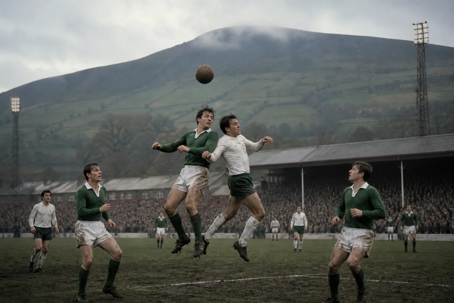 Fictional Irish footballers contesting a rugged historic international match