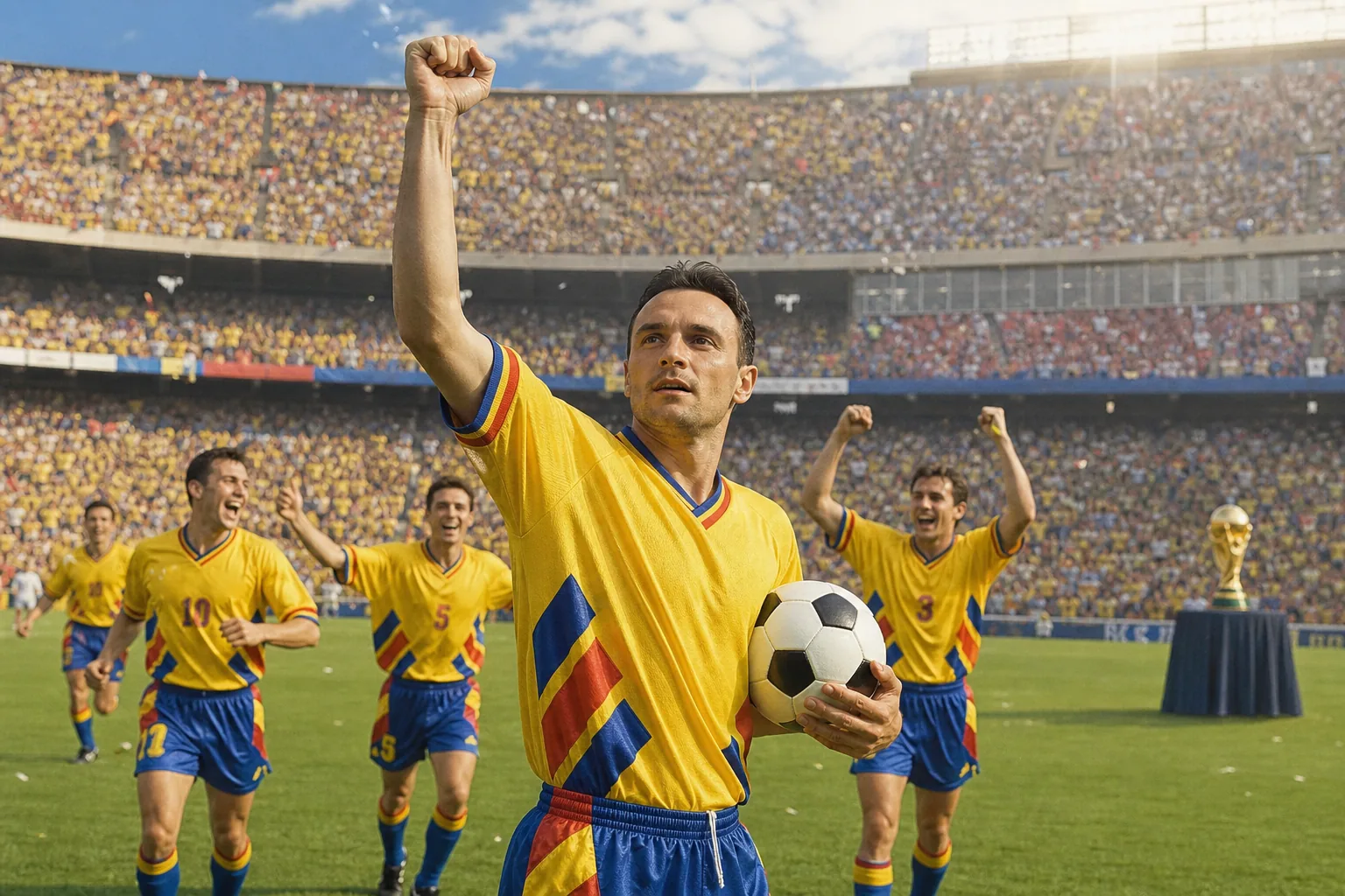Fictional Romanian players celebrating a famous 1994 World Cup victory during the golden generation