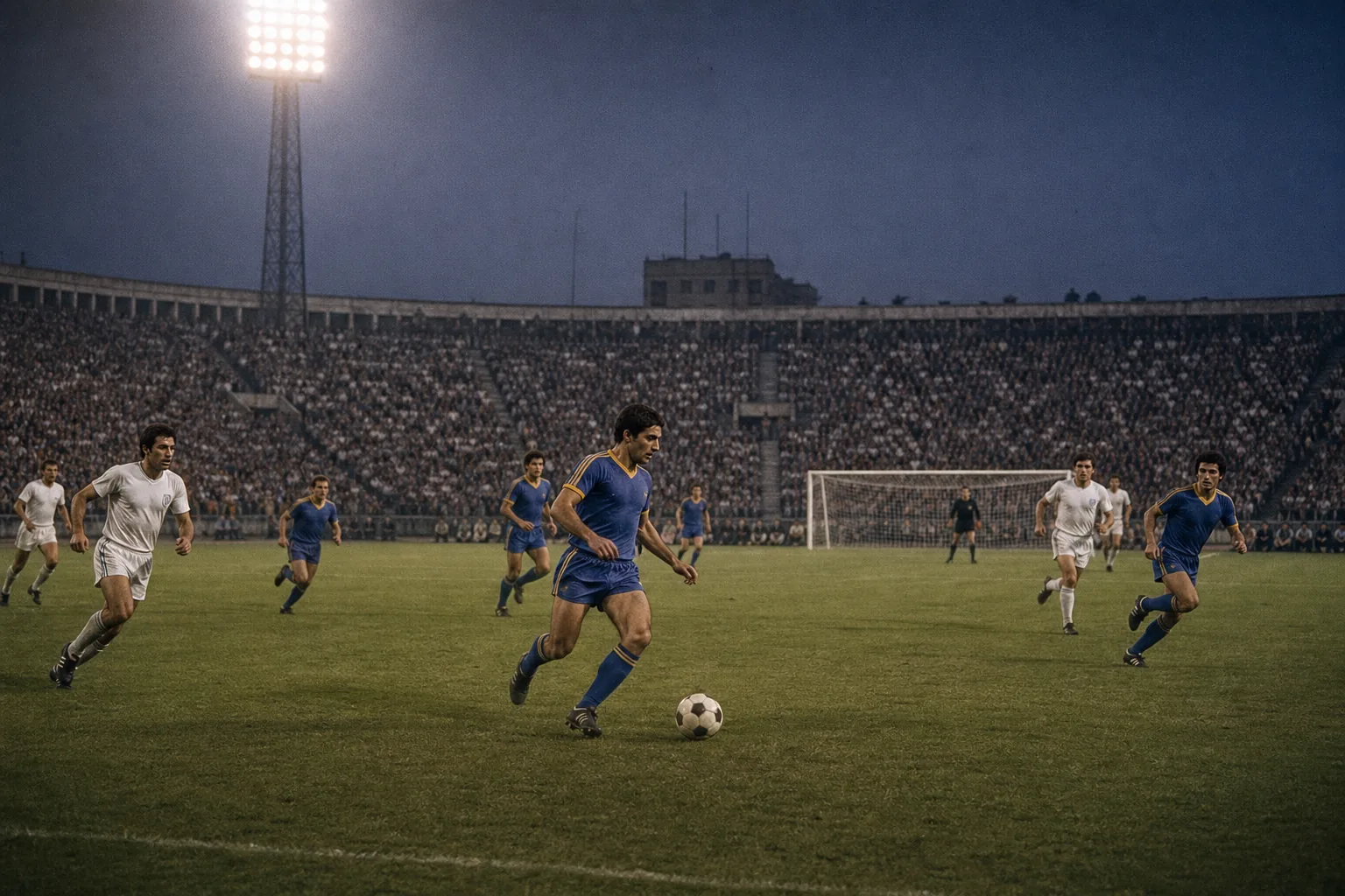 Fictional Romanian footballers building an attack in a historic tournament match