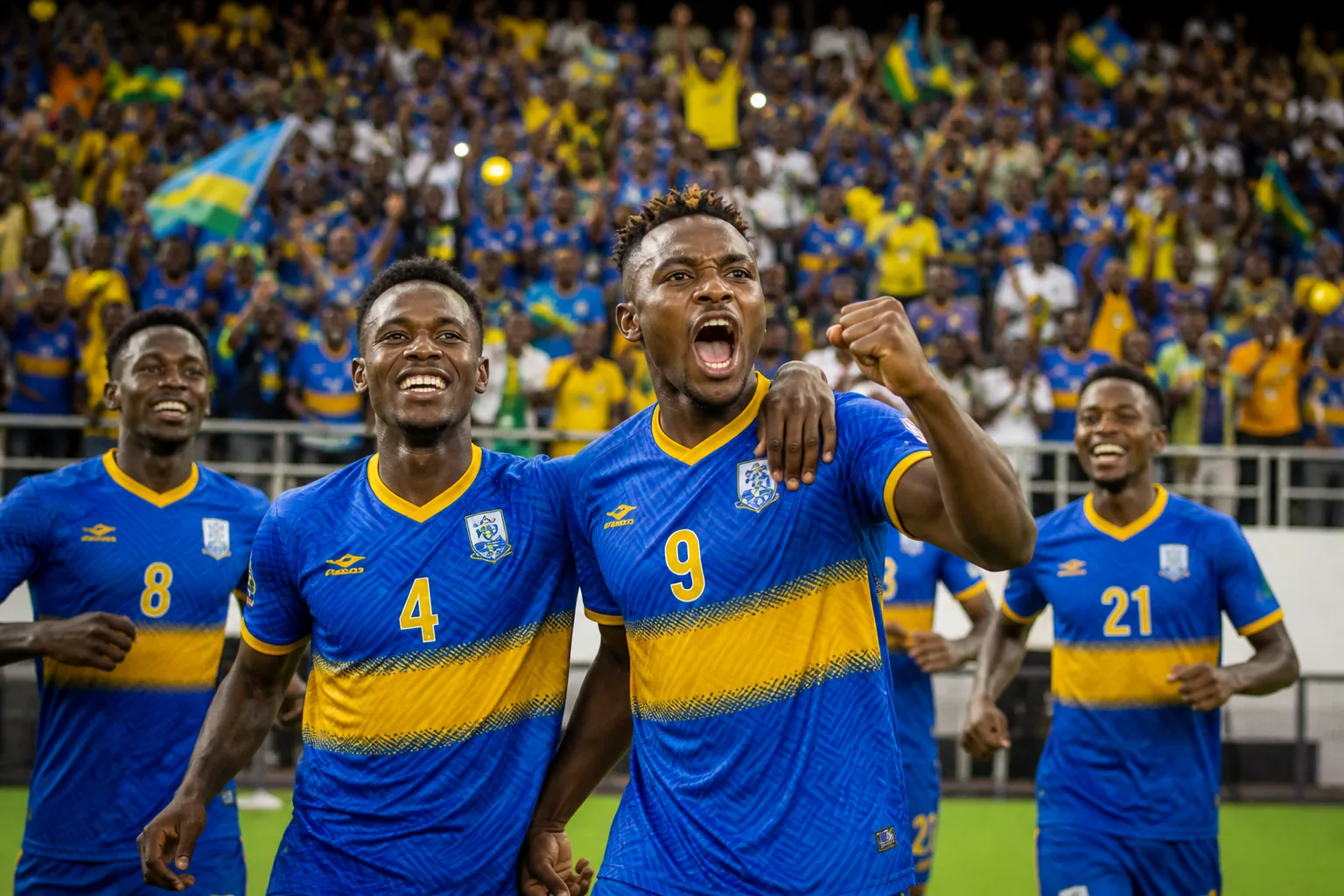 Rwanda Amavubi preparing together for an AFCON qualifier in blue-and-yellow kits