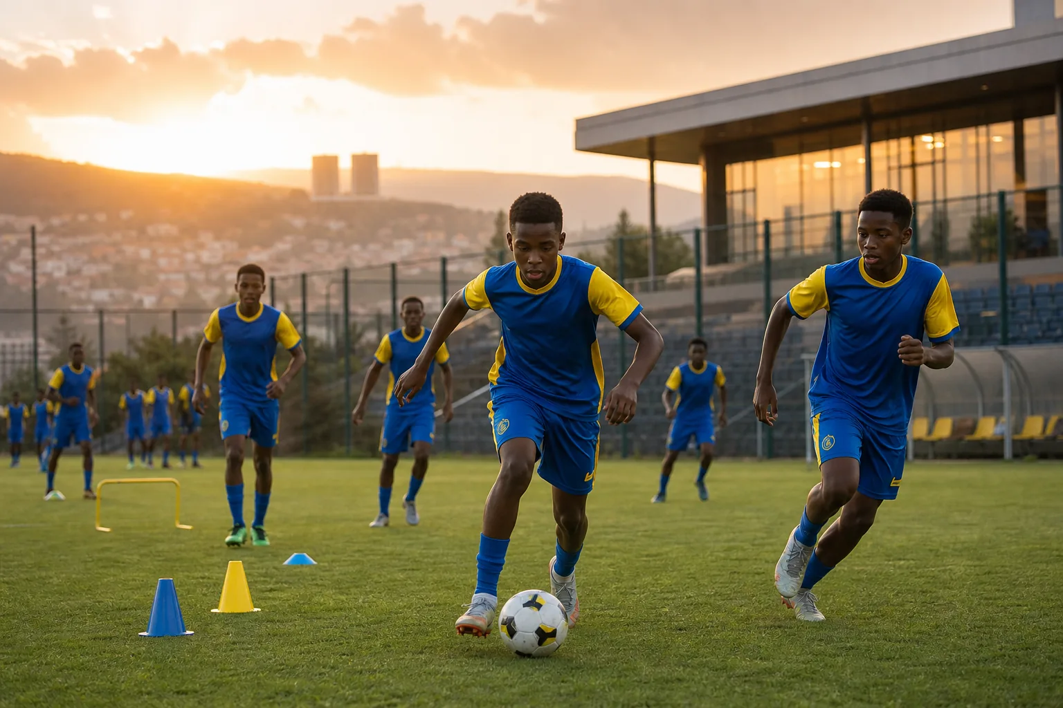 A fictional editorial portrait inspired by Rwanda striker Olivier Karekezi in a blue-and-yellow Amavubi kit
