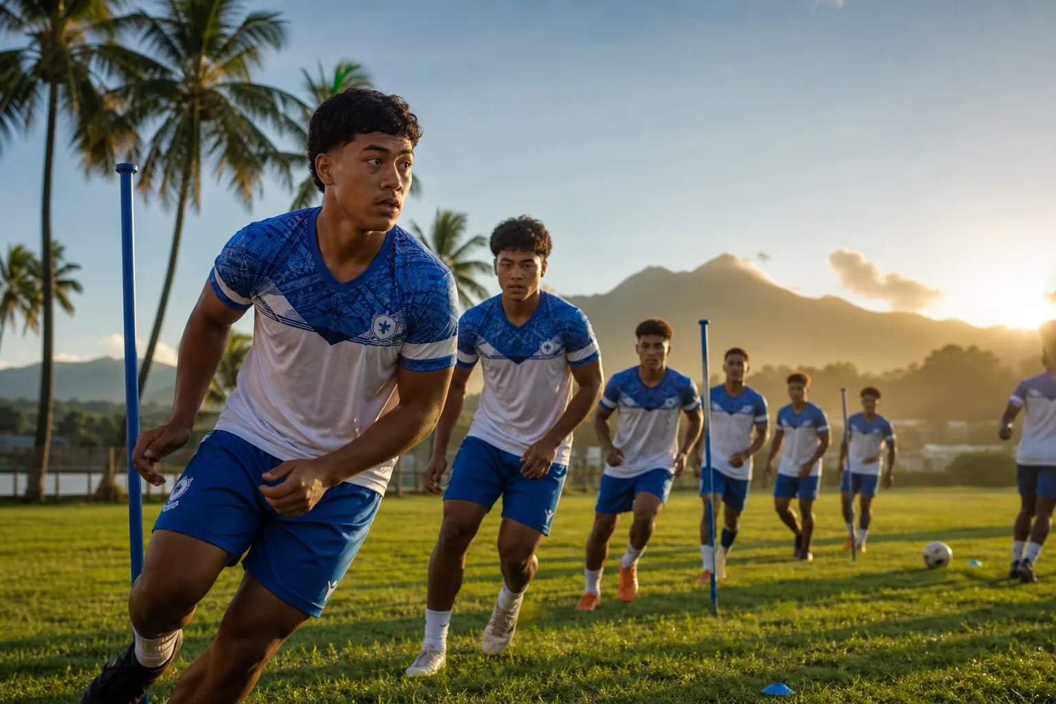 A fictional editorial portrait inspired by Samoa forward Desmond Fa'aiuaso in a blue-and-white Toa Samoa kit