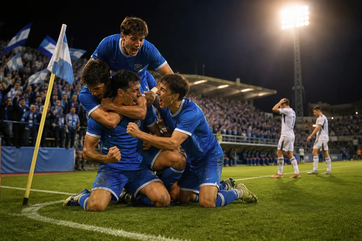 Fictional San Marino players celebrating their first competitive win over Liechtenstein in 2024