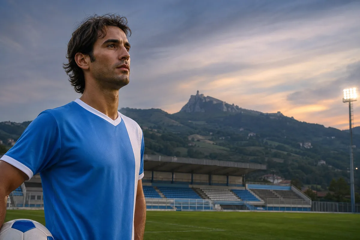 A fictional San Marino national-team striker inspired by Andy Selva standing before a small stadium in the hills