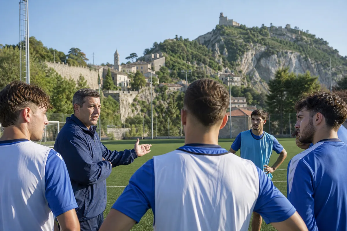 San Marino footballers and their coach gathered for training on a small pitch in the hills