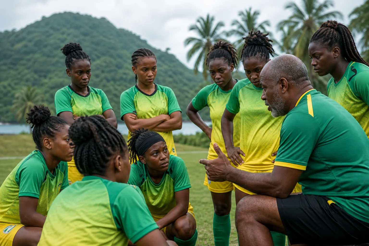 São Tomé and Príncipe senior men's team studying a tactics board at an island training ground