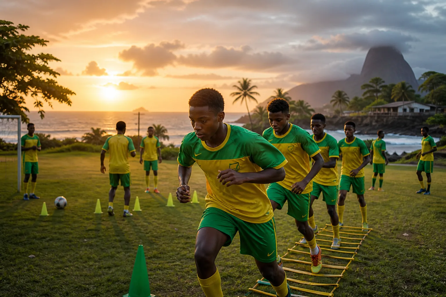 A fictional editorial portrait inspired by Sao Tome and Principe striker Luis Leal in a green-and-yellow Tinhosas kit