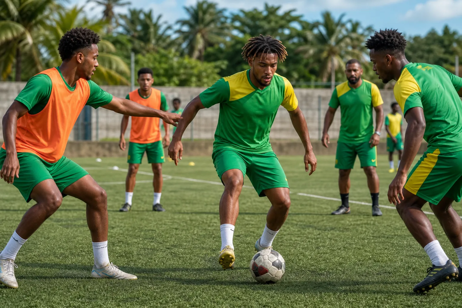 São Tomé and Príncipe players working through a close-control drill in green-and-yellow training kits