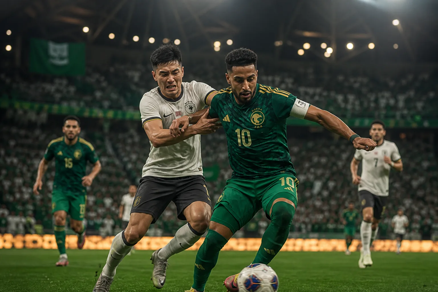 Saudi Arabia battling Argentina in a dramatic World Cup match, green players defending a lead