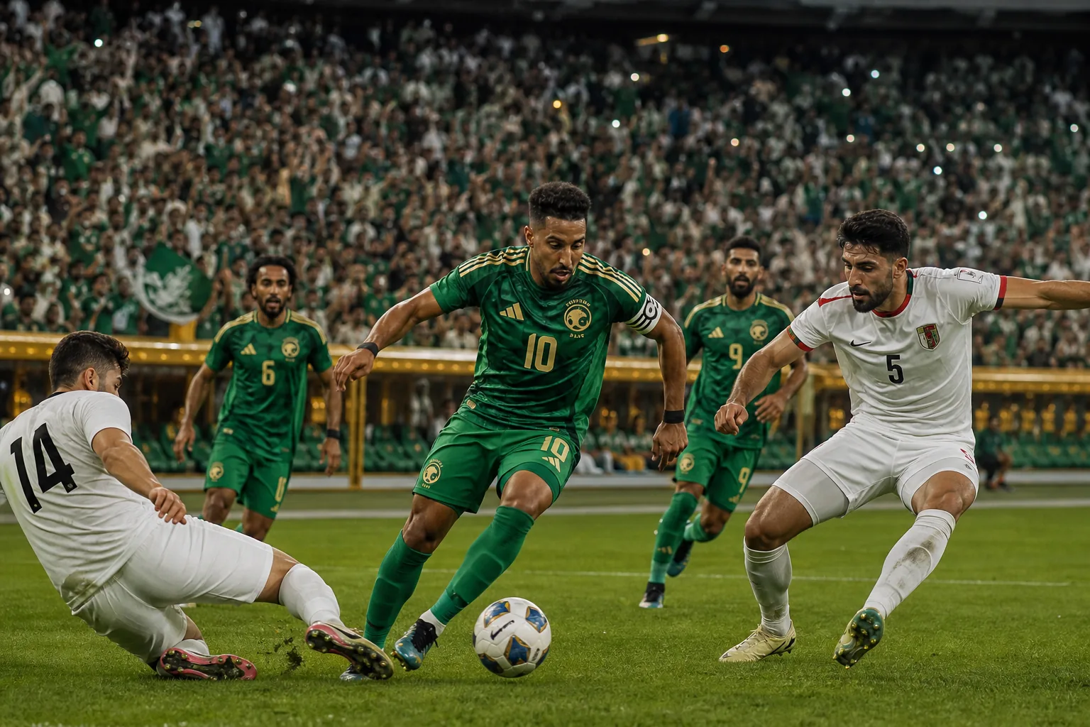Saudi Arabia winning a historic Asian Cup final in a packed stadium, green shirts celebrating