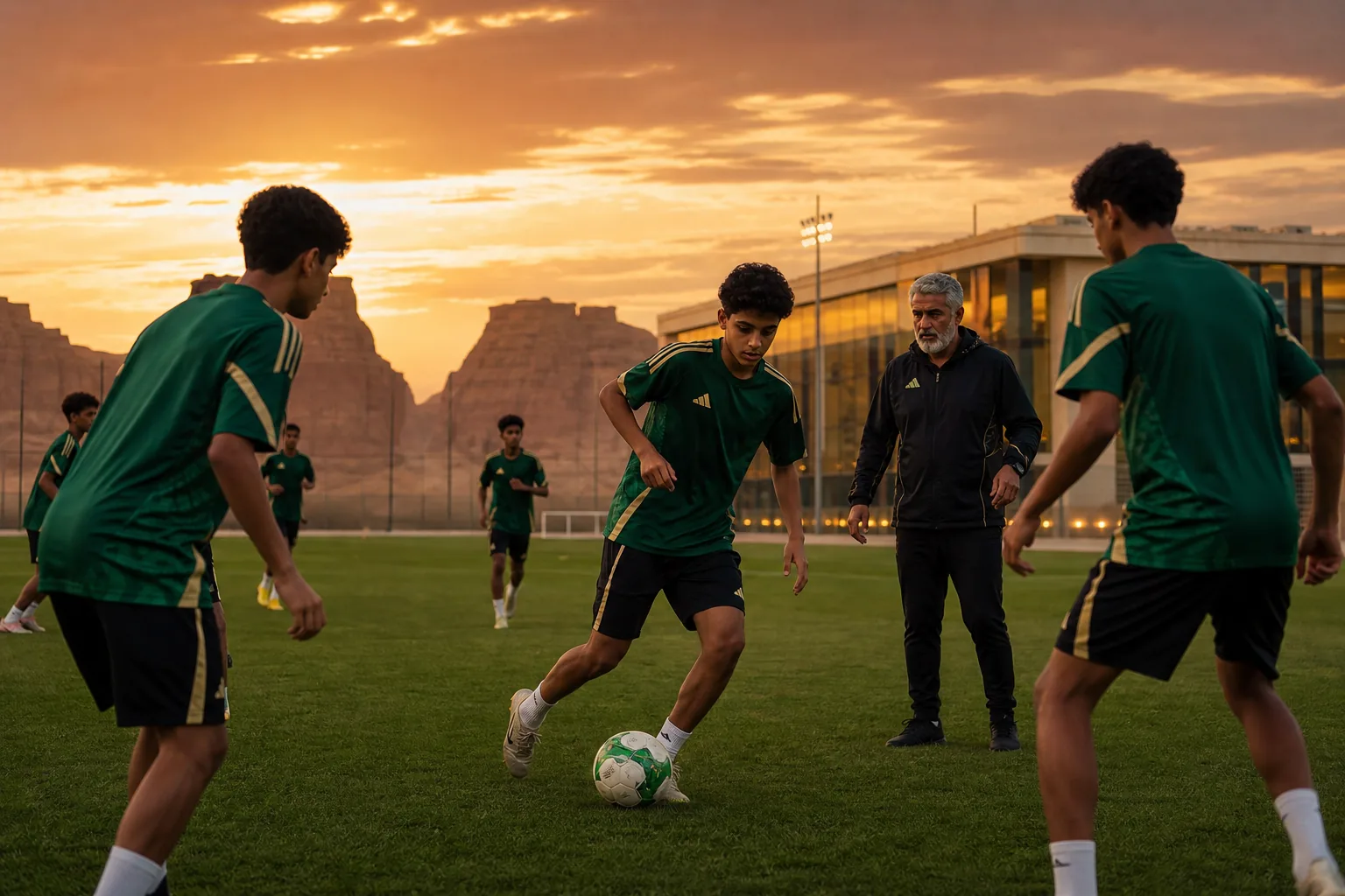 Saudi youth footballers training at dusk with an older coach on a modern outdoor pitch