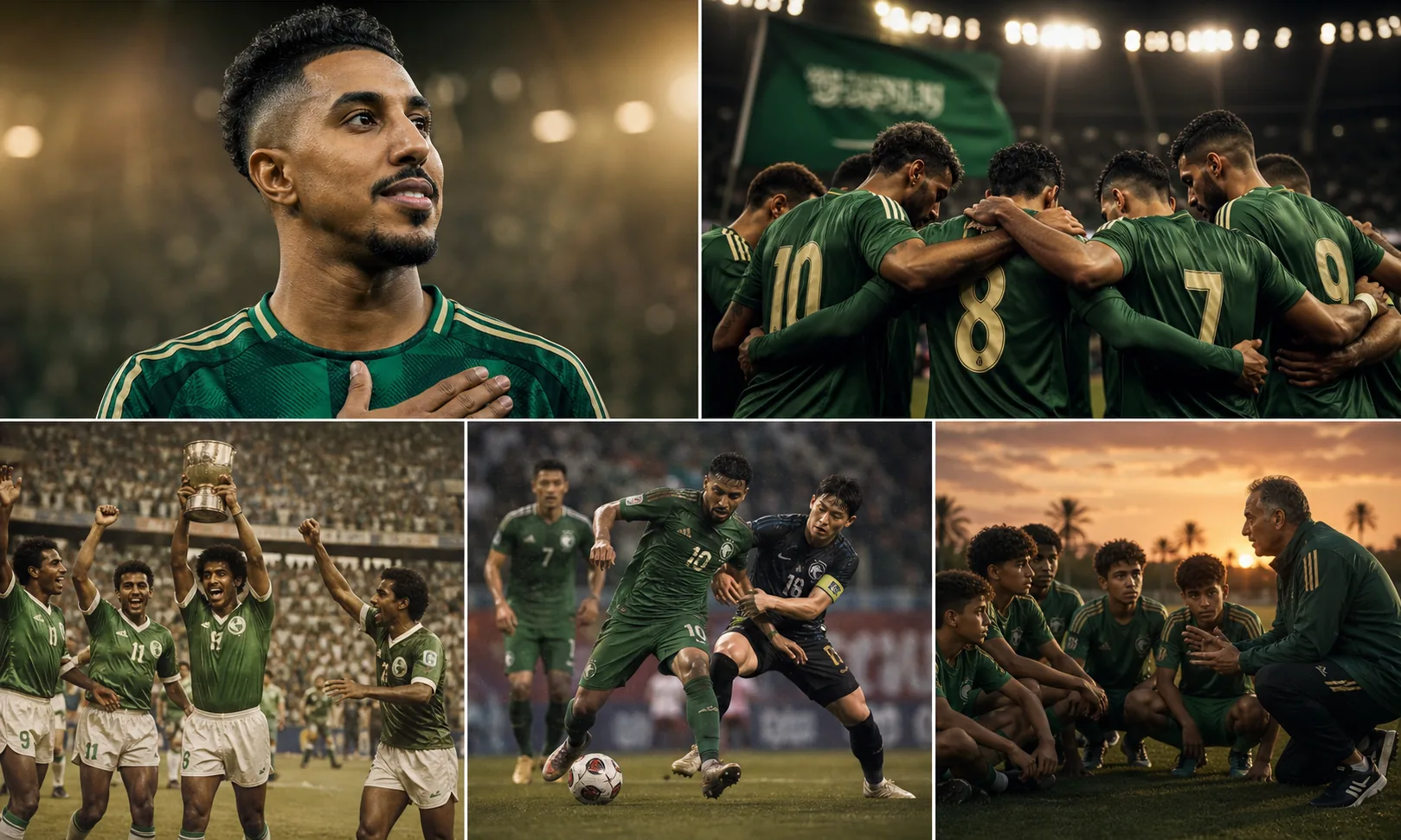 A fictional editorial portrait inspired by Saudi Arabia winger Salem Al-Dawsari in a green national-team kit