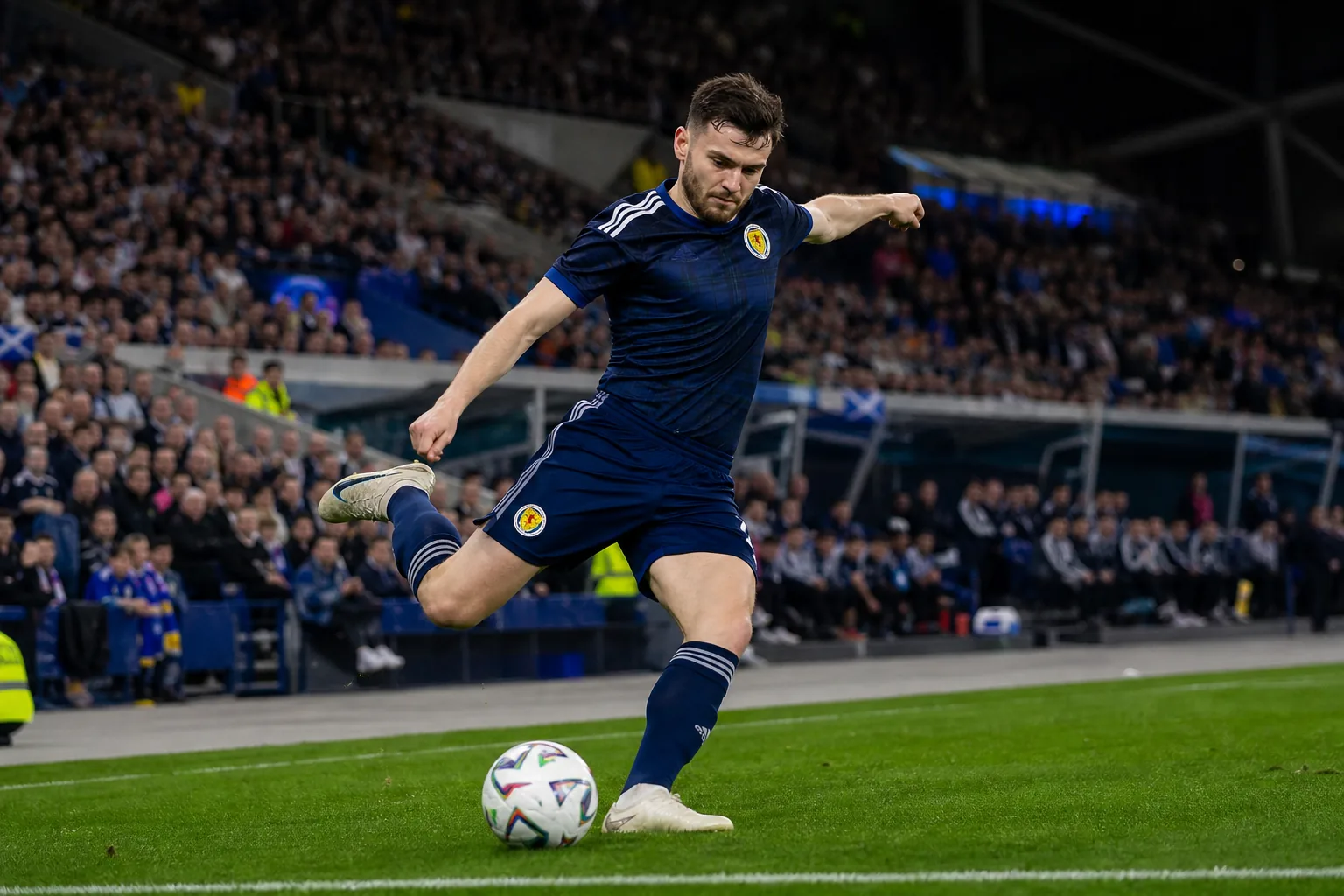 A fictional Scottish national-team full-back delivering a powerful cross from the left flank