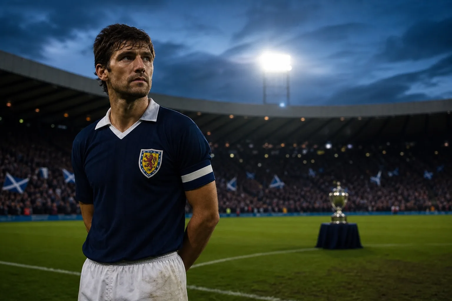 A fictional Scottish captain standing beneath the Hampden Park lights with a distant major trophy
