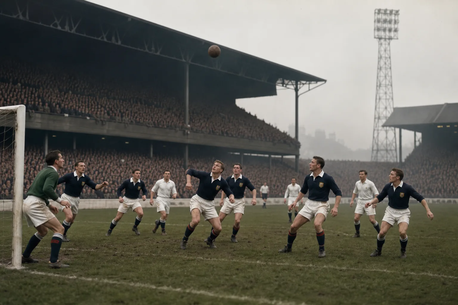 Fictional Scottish footballers competing in a historic international match in misty conditions