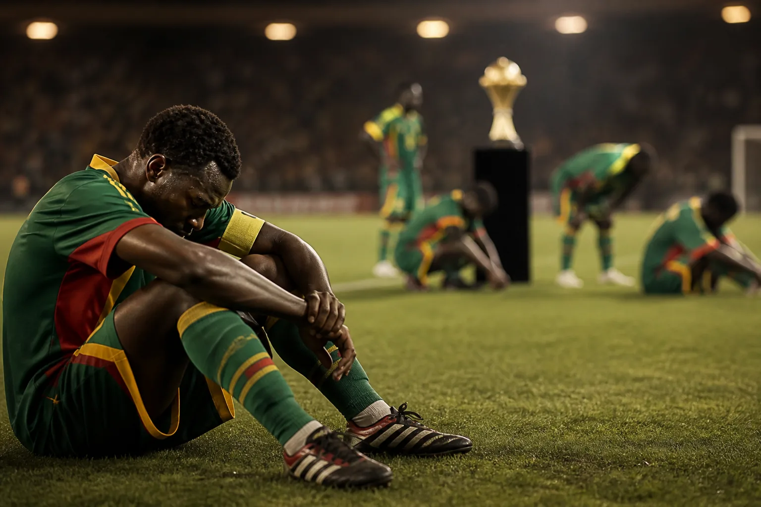 A fictional Senegalese captain sitting on the pitch after a tense final defeat under floodlights