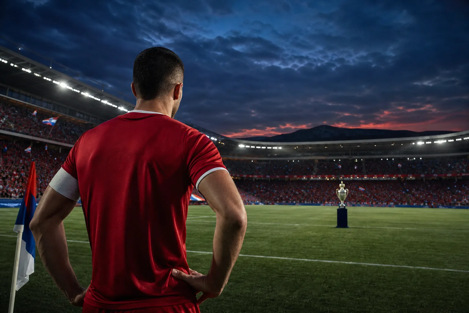 A fictional Serbian captain standing at the edge of a major tournament breakthrough with a distant trophy