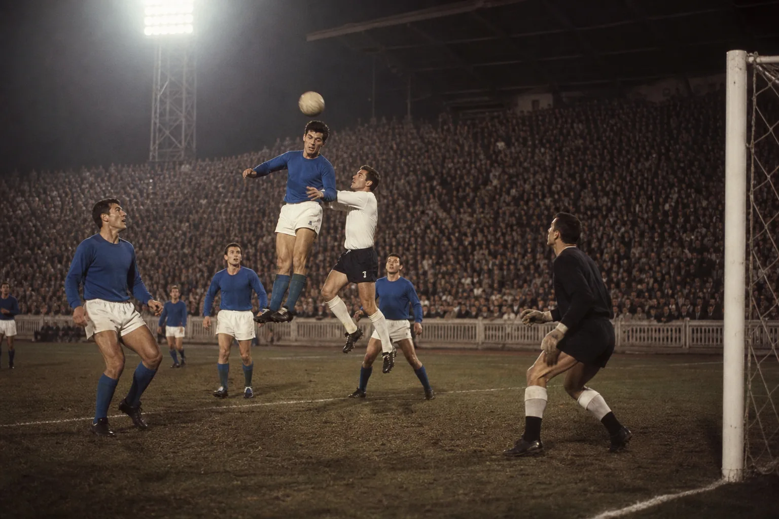 Fictional Yugoslav-era footballers contesting a decisive aerial ball in a historic tournament match