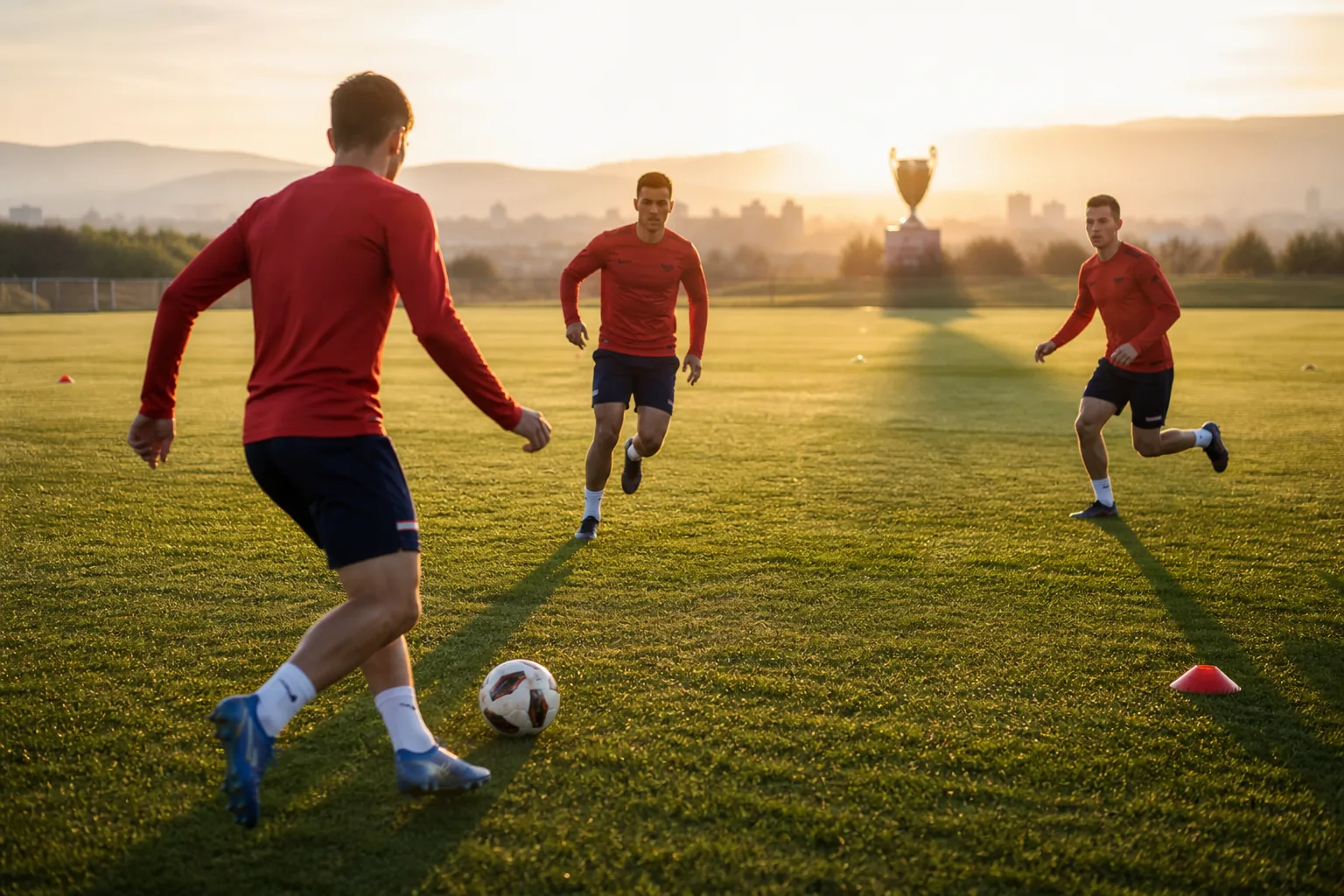 Fictional Serbian players reacting after a late chance slips wide in a knockout match