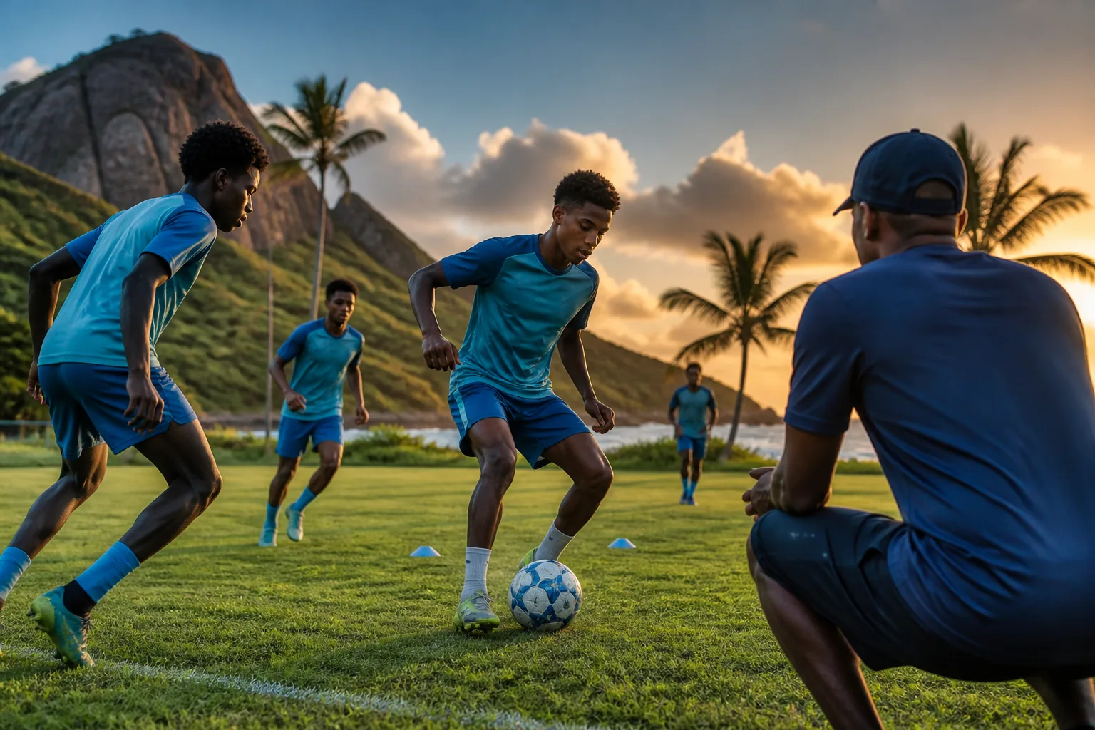 Young Seychelles footballers training at sunset with a coach on a tropical island pitch