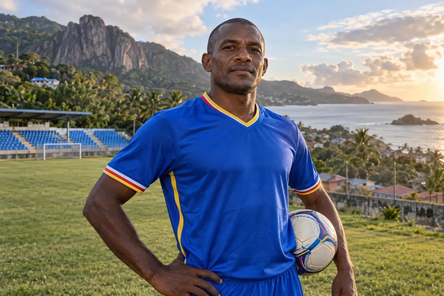 A fictional editorial portrait inspired by Seychelles footballer Philip Zialor in a blue national-team kit