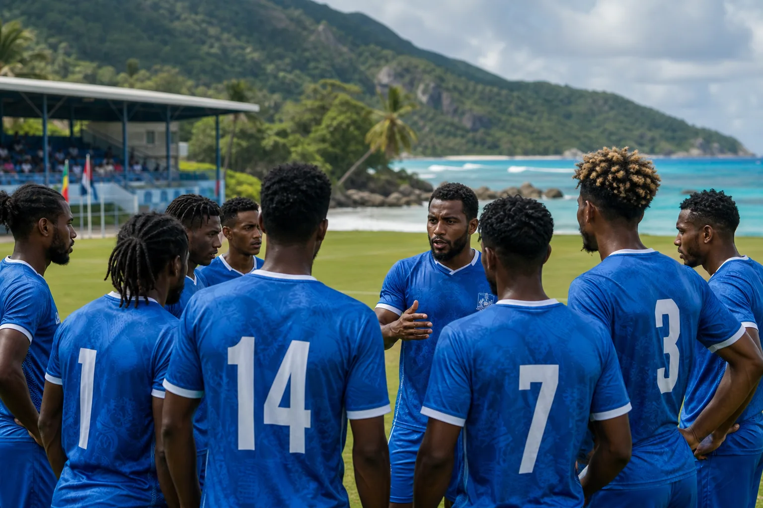 Seychelles Pirates preparing together on an island pitch in blue kits