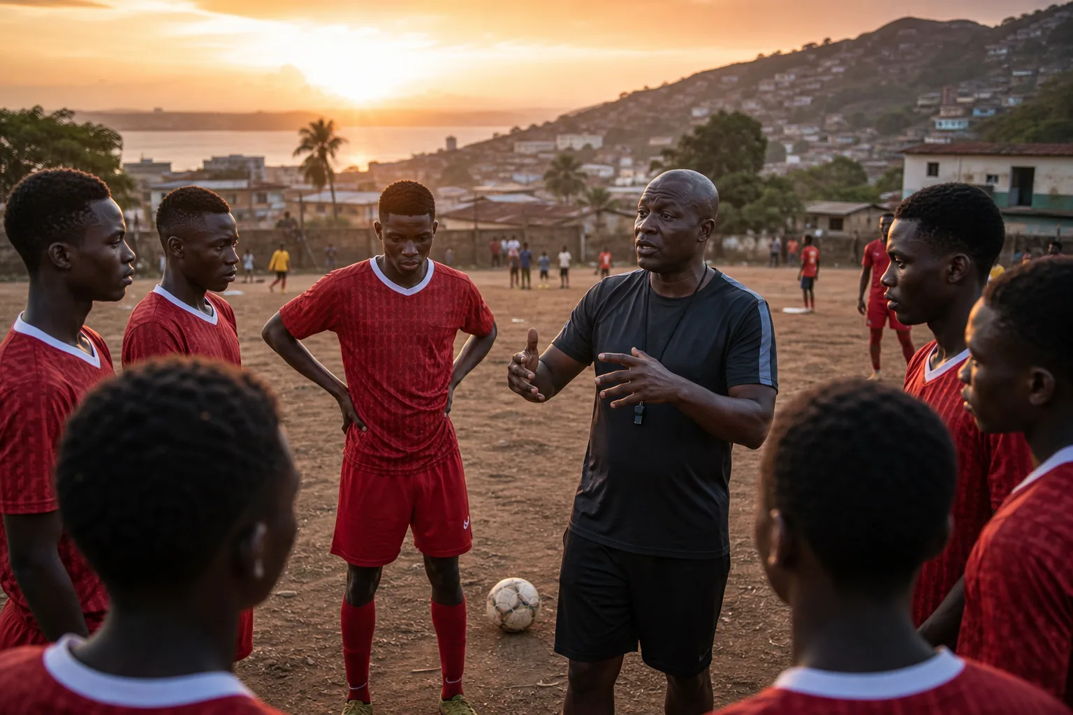 Young Sierra Leone footballers training with an experienced coach at sunset