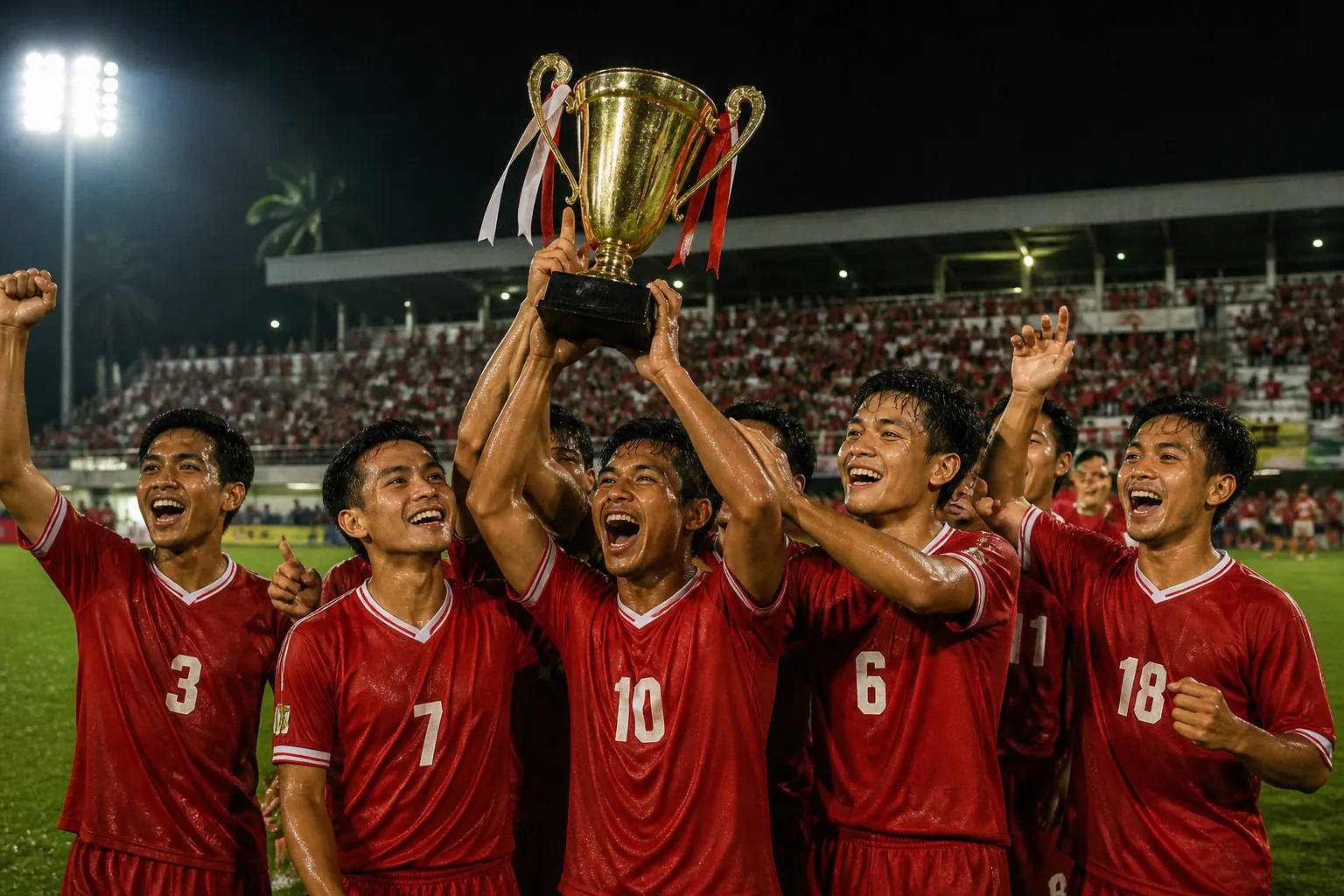 Fictional Singapore players celebrating the inaugural AFF Championship under tropical stadium lights