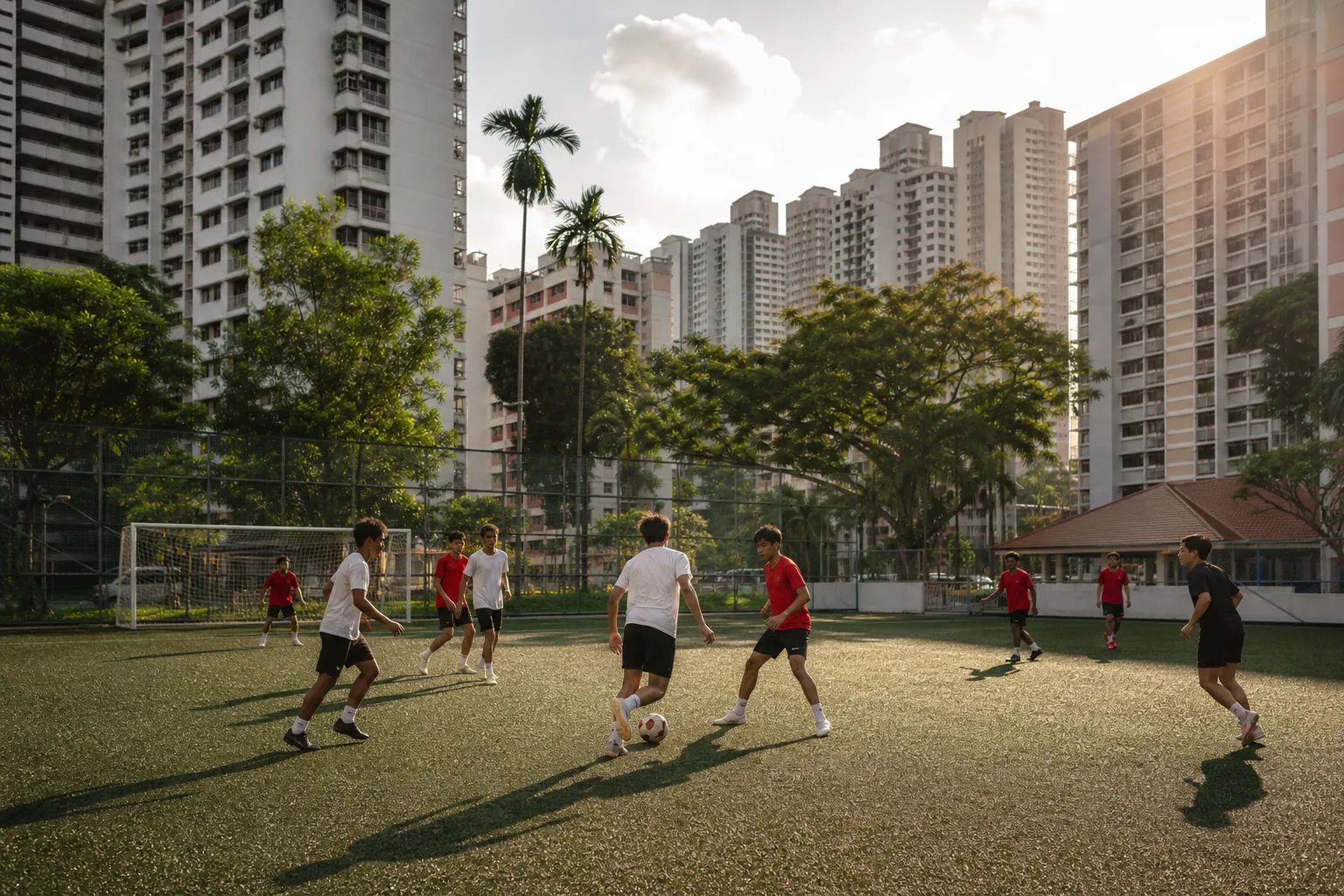 Fictional young footballers training on a Singapore community pitch surrounded by high-rise buildings and tropical greenery